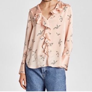 NWT Zara Bird Print Pink Small Satin Blouse